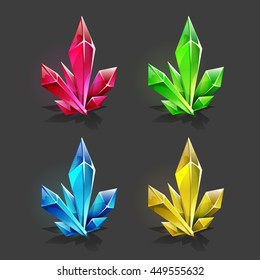 Set of different game resources cartoon crystals. Vector illustration.