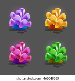 Set of different game resources cartoon crystals. Vector illustration.