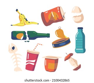 Set Different Garbage and Old Things Plastic Cup, Tin Can, Banana Peel, Apple Stub. Fish Bone, Yoghurt Pack, Broken Glass Bottle, Egg Shell, Trash Closeup, Used Packages. Cartoon Vector Illustration