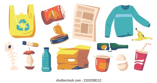 Set Of Different Garbage And Old Things Plastic Bag, Tin Can, Newspaper, Sweater And Apple Stub, Fish Bones, Cigarette, Carton Box, Bottle, Egg Shell And Used Packages. Cartoon Vector Illustration