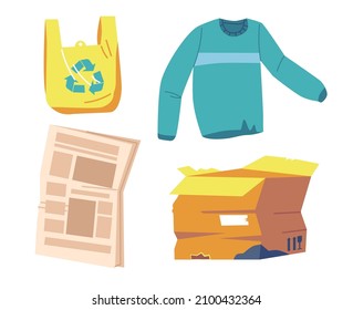 Set Of Different Garbage And Plastic Bag, Ragged Sweater, Carton Box And Newspaper. Old Things, Trash, Litter And Rubbish Closeup Isolated On White Background. Cartoon Vector Illustration