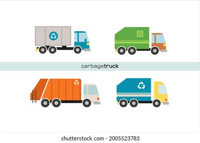 Set of different garbage trucks sorting waste. Trucks transporting waste set of lorries loaded container having recycling sign transport collection raster illustration isolated on white background