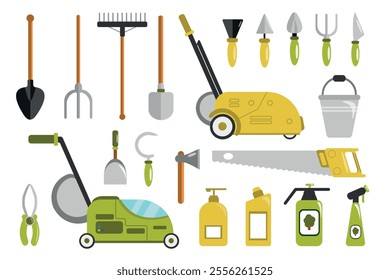 Set of different garden equipment in cartoon style. Vector illustration of garden tools: shovel, rake, lawnmower, saw, bucket, ax, sickle, pliers, sprayer, liquid isolated on white background.