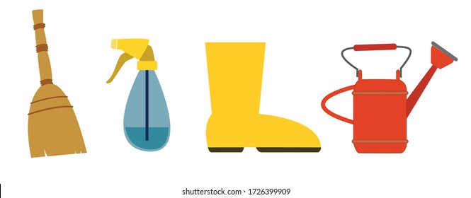 Set of different garden items. Garden tools. Flat design illustration of gardening items. Vector illustration.