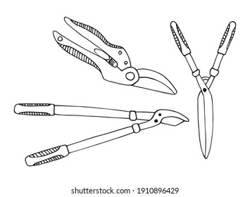 A set of different garden scissors. Pruner. Hand-drawn in the doodle style. Vector