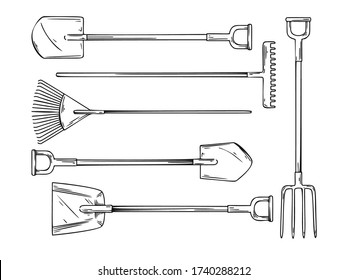 Set of different garden tools. Shovel, rake, pitchfork, spade isolated on a white background. Vector illustration in sketch style.