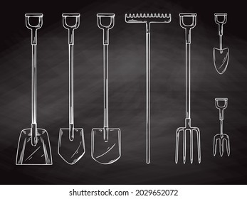 Set of different garden tools. Shovel, rake, pitchfork, spade. Vector illustration in sketch style.