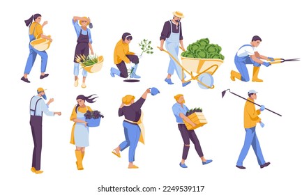 set of different gardeners isolated on white background. Men and women different characters with agricultural tools. Vector flat illustration