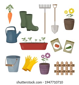 Set of different gardening items. Garden tools and plants. Flat design illustration of items for gardening. Vector illustration. 