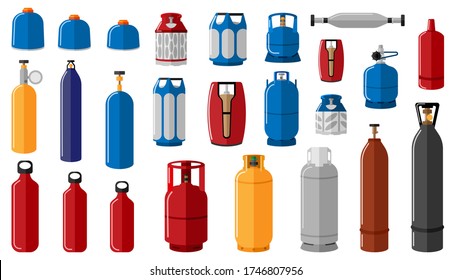 Set different gas cylinder on white background. Equipment for safe shipping gas vector illustration isolated vector design. 