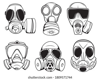 Set of different gas masks. Collection of equipment for respiratory protection. Vector illustration of products of protection from toxic substances.