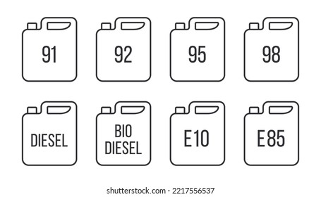 Set verschiedener Benzinkanister-Liniensymbole mit Inschriften: 92, Biodiesel, Diesel usw. Vektorgrafik