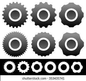 Set of different gear, gearwheel, cogwheel shapes, symbols, icons isolated on white. Vector illustration.