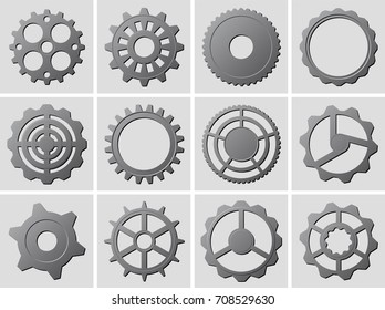 Set of different gear wheels icons in gray color.
