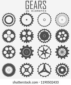 A set of different gears. 16 items.Gears of the same size with different teeth.Dark on a light background