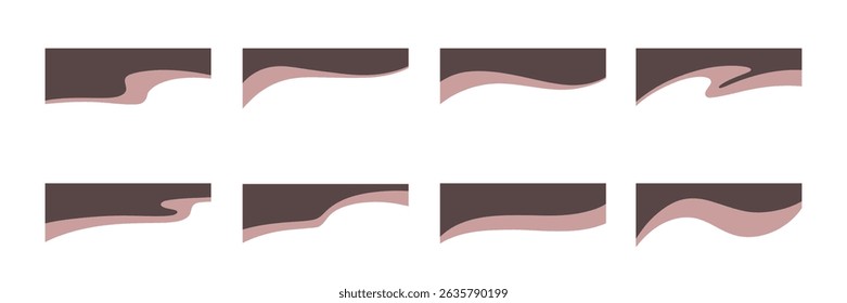 A set of different geometric abstract modern wavy shapes of the upper dividers, bends for the page title, banner, website, application, vector illustration. An element for a frame, background