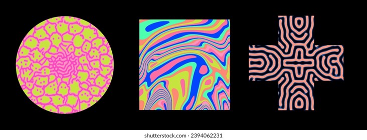 Set of different geometric figures with organic pattern in neon acid colors. Logotype template with cross, circle and square shapes.