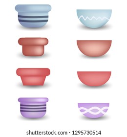 Set of Different Geometric Flower Pots isolated on white background. Clay Pot and Vase Set for Windowsill, Home and Office Decoration. Vector illustration for Your Design, Web.