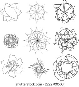 Set of different geometric ornaments. Round design. Vector Illustration in Black outline technique.