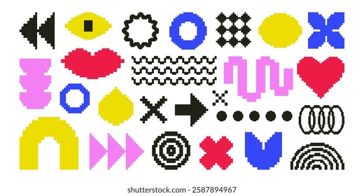 Set with different geometric pixel shapes for design.Trendy geometric brutalism forms, pixel art, y2k style. Simple shapes forms, symbols in bauhaus style