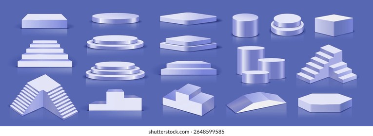 Conjunto de diferentes podios geométricos. Plataformas o etapas de forma cilíndrica y cúbica con escaleras. Diseño para Anuncios publicitarios. Colección realista de la Ilustración vectorial 3D aislada en el fondo