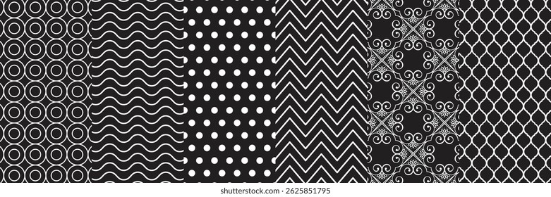 Set of different geometric seamless patterns back and white digital pattern textile, floral, polka dots, papers, texture background vector
