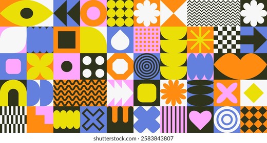 Set with different geometric shapes for design.Trendy geometric brutalism forms, memphis elements, y2k style. Seamless pattern in bauhaus style