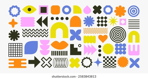 Set with different geometric shapes for design.Trendy geometric brutalism forms, memphis elements, y2k style. Simple shapes forms, symbols in bauhaus style