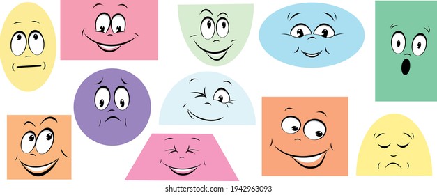 Set of different geometric shapes with face emotions, stickers for children. Cute funny characters on a colored background.
