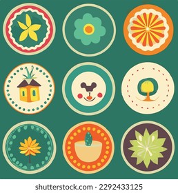 Reihe verschiedener geometrischer Formen Vintage-Retro-Logos Blumenelemente. Moderne Vektorgrafik. Designelemente, organische Formen, abstrakte Hintergründe. Alle Elemente sind einzeln auf Grunge Hippie