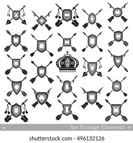 Set of different geometric shields and crossed arrows behind. Vector heraldic design elements isolated on white