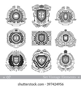 Set of different geometric shields with wreaths. Hipster vintage style templates for business, labels, logos, identity, badges, apparel, shirts, and other branding objects