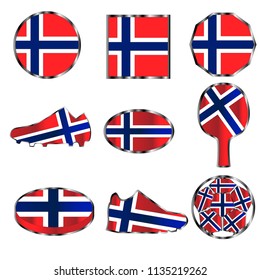 Set of different geometric and sporting figures, made from the colors of the flag of Norway