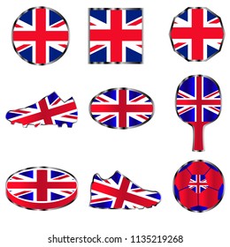 Set of different geometric and sporting figures, from the colors of the flag of Great Britain