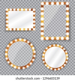 Set of different geometric vanity mirror with light bulbs. Golden frame. Isolated vector illustration on a transparent background.