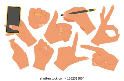 Set of different gestures in cartoon style. Woman hand showing signal, sign, emotions. Interactive communication. Hand hold phone or pen. Flat vector illustration isolated on white background. 