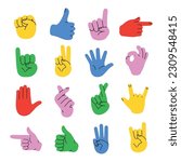 Set of different gestures hand with hand drawn vector doodle illustration