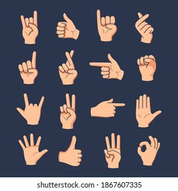 Set of different gestures hand with hand drawn vector doodle illustration