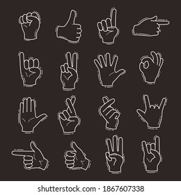 Set of different gestures hand with hand drawn vector doodle illustration