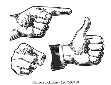 Set of different gestures hand, signs and signals.  Pointing, fist, Like gestures icon. Hand drawing black engraving illustration for web, poster.  Vector illustration