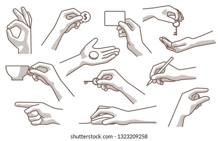 Set of different gestures hand, signs and signals. Hands with keys, coin, coffee cup, pen, card, mouse. Vector illustration on white background.