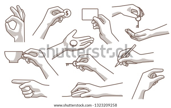 さまざまなジェスチャの手 サイン シグナルのセット 鍵 コイン コーヒーカップ ペン カード マウスを持つ手 白い背景にベクターイラスト のベクター画像素材 ロイヤリティフリー