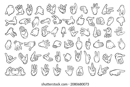 Set of different gestures of hands in gloves in a linear style.