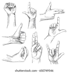 Set of different gestures. Hands isolated on white background. Illustration in sketch style. Hand drawn vector illustrations.
