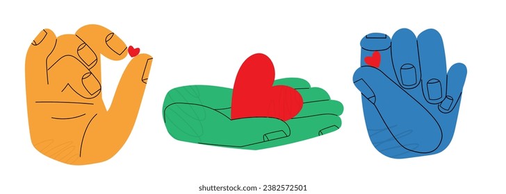 Set of different gestures hands with red heart. Hand drawn vector doodle illustration. Colorful flat vector illustration isolate on a white background. Love, pleasure and care concepts. EPS 10