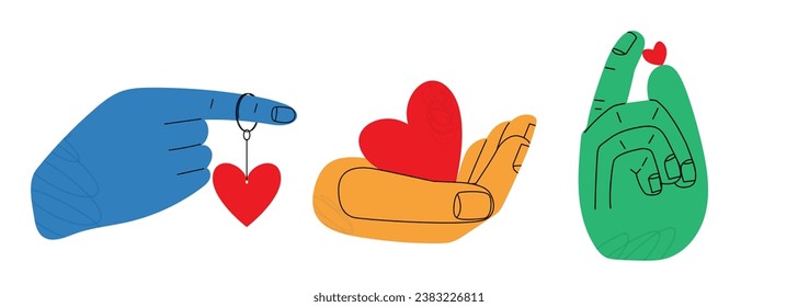 Set of different gestures hands with red heart. Hand drawn vector doodle illustration. Colorful flat vector illustration isolate on a white background. Love, pleasure and care concepts. EPS 10