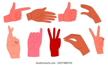 Set of the different gestures. Hands in variety poses. Female and male hands. Fingers crossed, Peace symbol, pinky up. Vector illustration in cartoon style. 