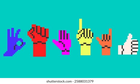 Set of different gestures in pixel art style. 8 bit vector game elements of hands in different poses