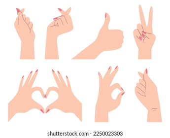Conjunto de gestos diferentes, ilustraciones vectoriales de las manos, el amor, la paz y el pulgar hacia arriba