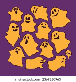 Set of different ghosts. Good and evil ghosts with different faces. For the design of banners, cards for Halloween. All objects are separated. Vector illustration.